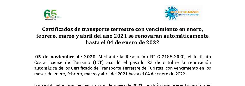 Certificados de transporte terrestre con vencimiento en enero, febrero, marzo y abril del año 2021 se renovarán automáticamente
